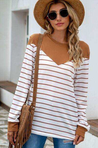 Striped Round Neck Long Sleeve T-Shirt - Trendsi - Flyclothing LLC