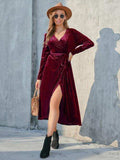 Tie Front Long Sleeve Slit Dress - Trendsi - Flyclothing LLC