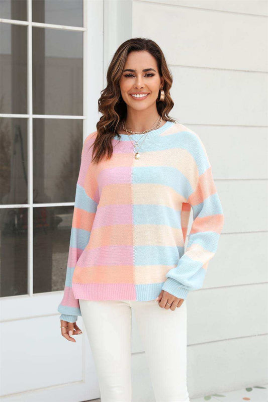 Round Neck Long Sleeve Color Block Dropped Shoulder Pullover Sweater - Trendsi - Flyclothing LLC
