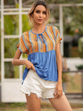 Striped Tie Neck Short Sleeve Blouse - Trendsi - Flyclothing LLC