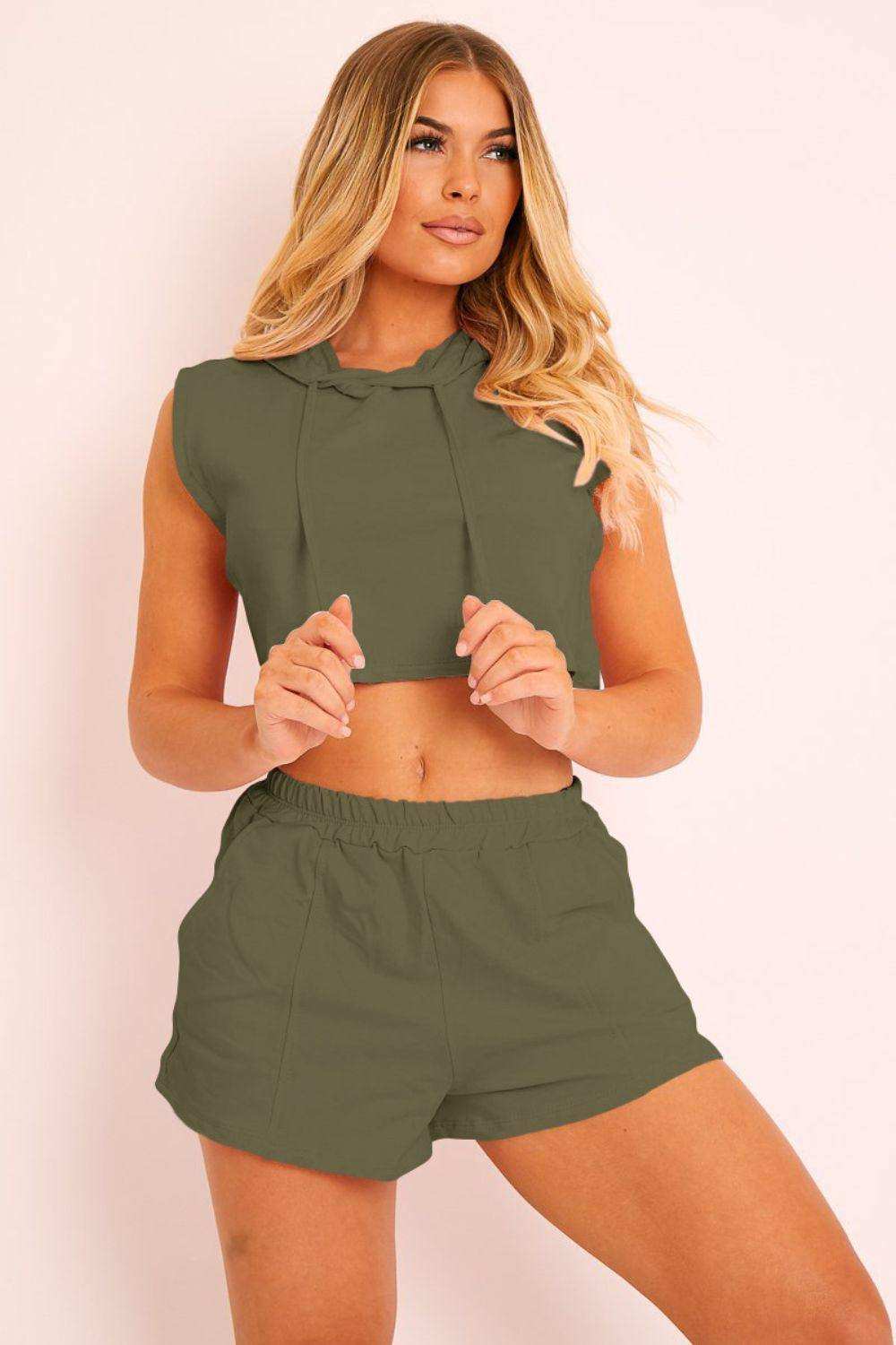Hooded Crop Top & Pocketed Shorts Set - Trendsi - Flyclothing LLC