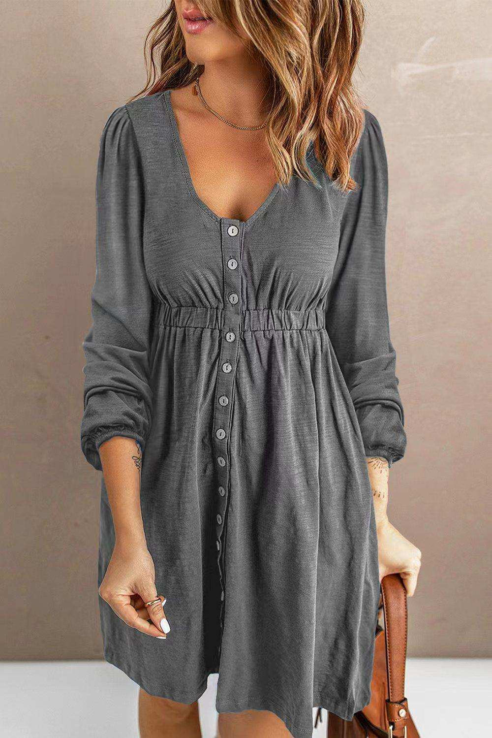Scoop Neck Empire Waist Long Sleeve Mini Dress - Trendsi - Flyclothing LLC