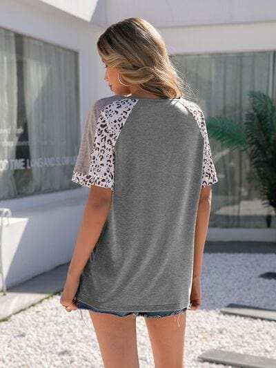 Leopard Round Neck Short Sleeve T-Shirt - Trendsi - Flyclothing LLC