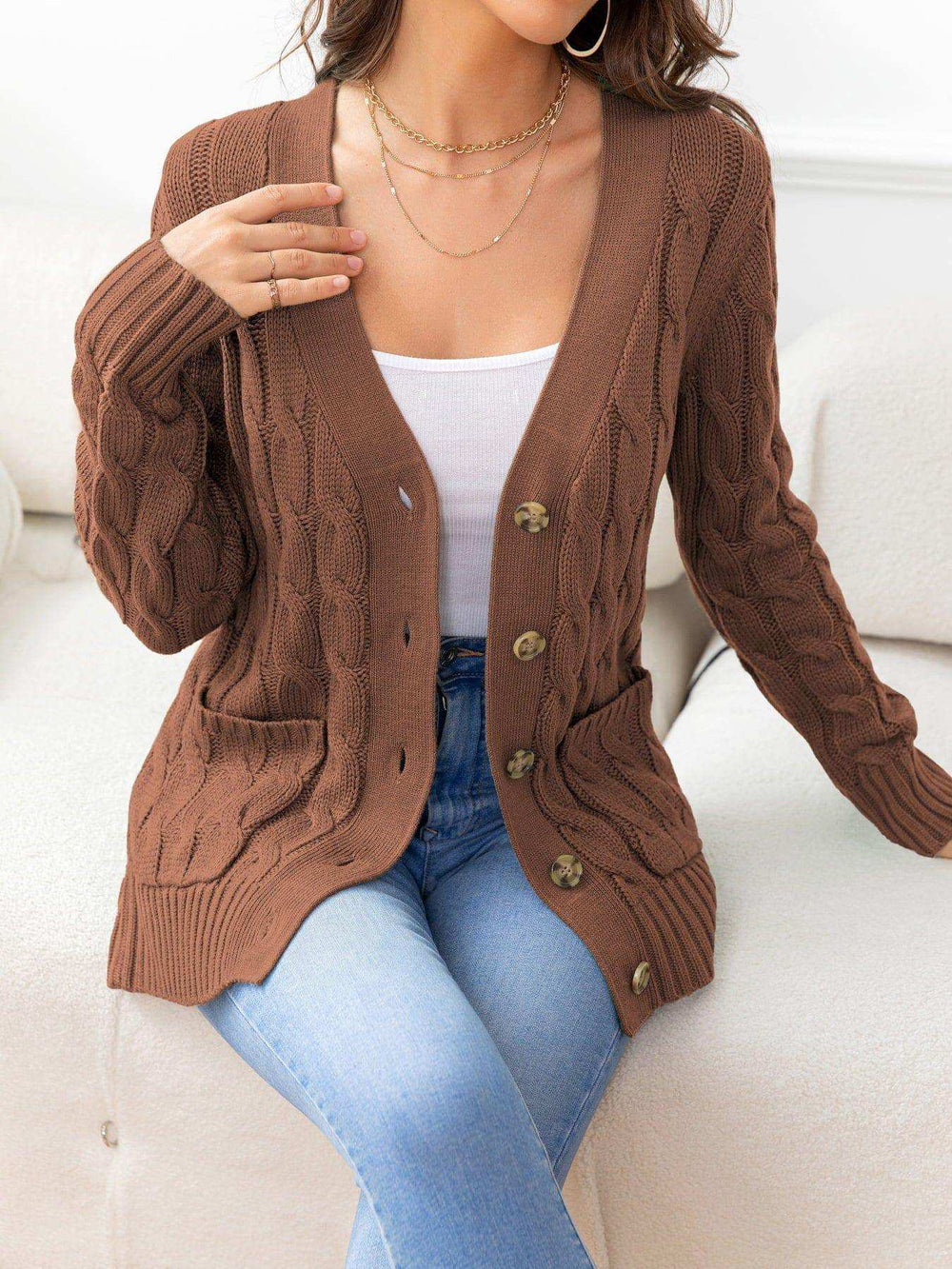 Button Down Cable-Knit Cardigan - Trendsi - Flyclothing LLC