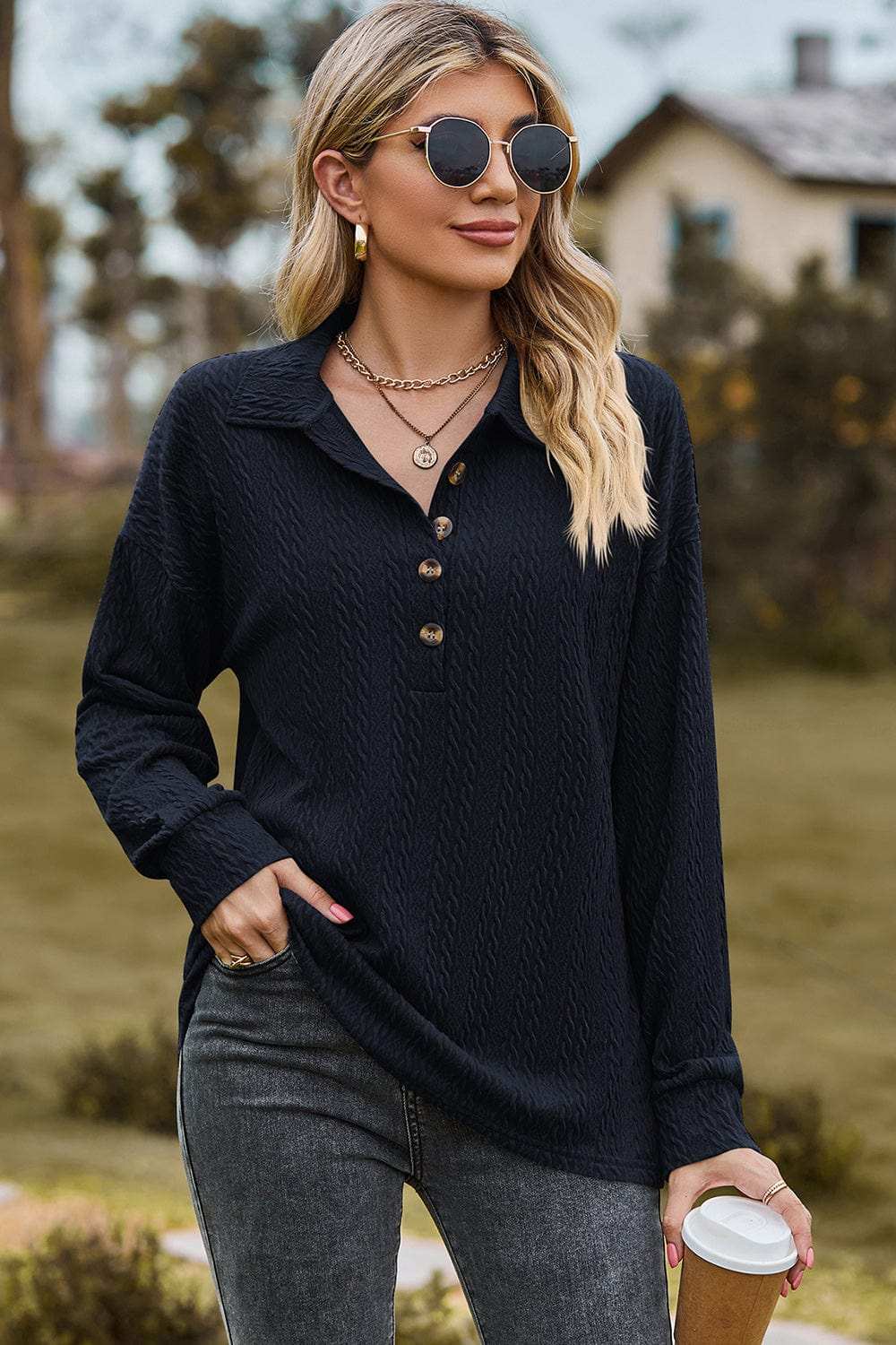 Half Button Dropped Shoulder Blouse - Trendsi - Flyclothing LLC
