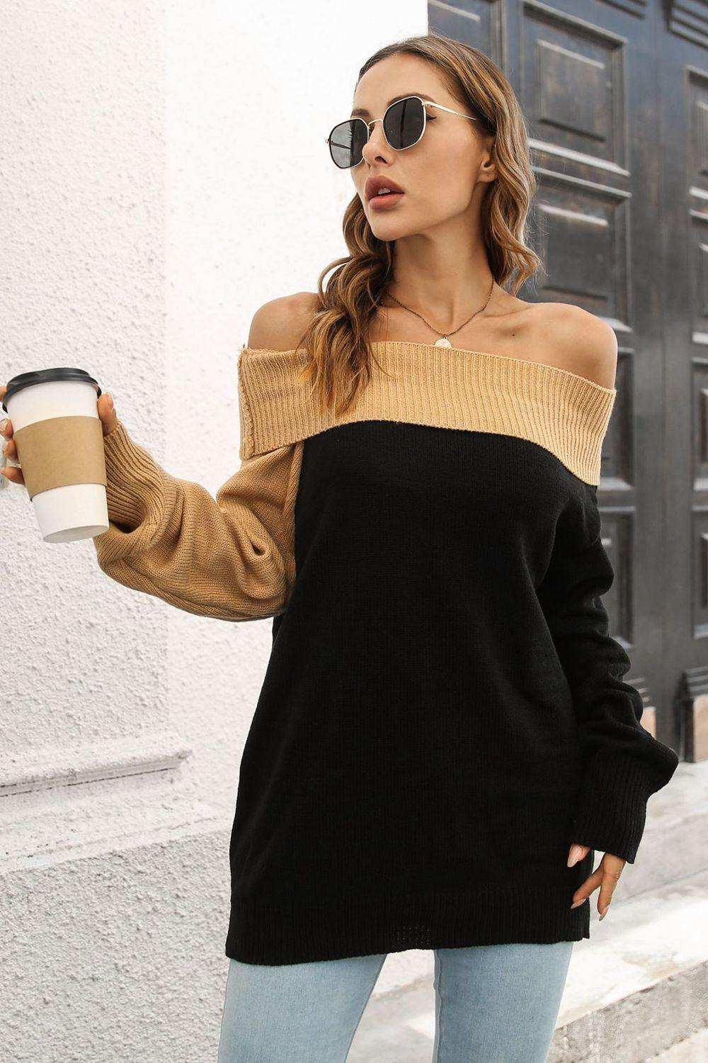 Ribbed Off-Shoulder Lantern Sleeve Pullover Sweater - Trendsi - Flyclothing LLC