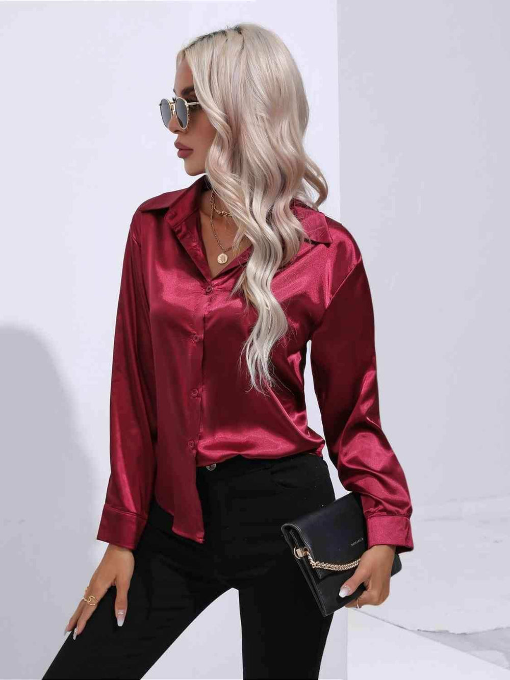 Collared Neck Buttoned Long Sleeve Shirt - Trendsi - Flyclothing LLC