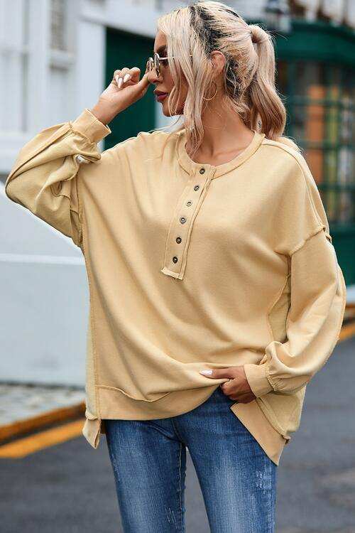 Buttoned Dropped Shoulder Sweatshirt - Trendsi - Flyclothing LLC