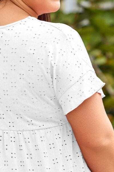 Plus Size Eyelet Round Neck Short Sleeve Blouse - Trendsi - Flyclothing LLC