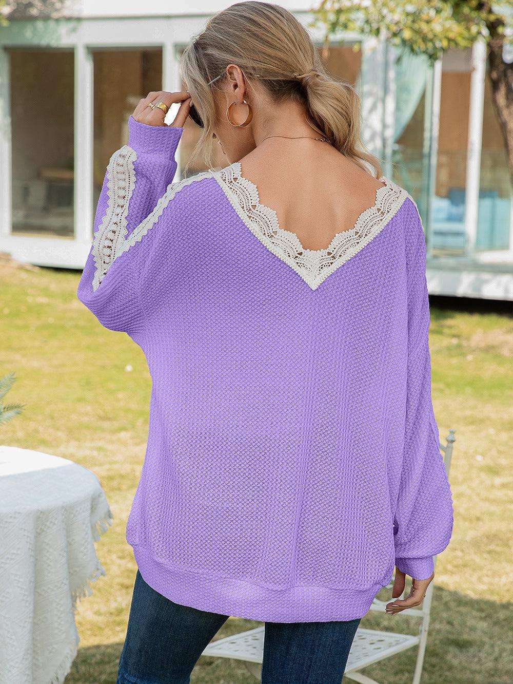 Contrast Spliced Lace V-Neck Top - Trendsi - Flyclothing LLC
