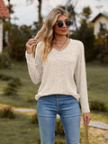 Ribbed V-Neck Long Sleeve Tee - Trendsi - Flyclothing LLC
