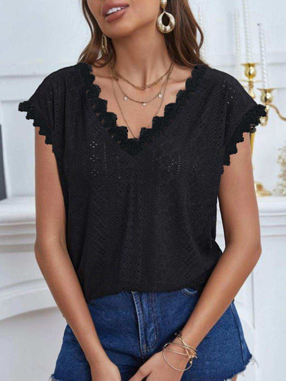 V-Neck Eyelet Short Sleeve Top - Trendsi - Flyclothing LLC