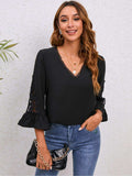 V-Neck Lace Detail Flounce Sleeve Blouse - Trendsi - Flyclothing LLC