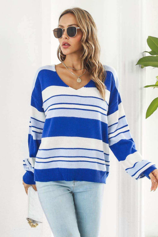 Striped V-Neck Dropped Shoulder Sweater - Trendsi - Flyclothing LLC