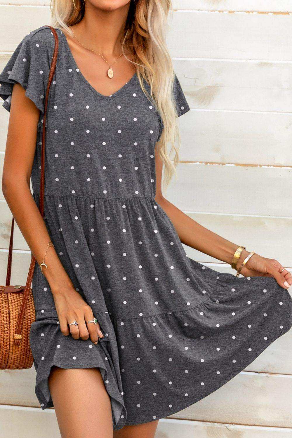 Polka Dot V-Neck Flutter Sleeve Mini Dress - Trendsi - Flyclothing LLC
