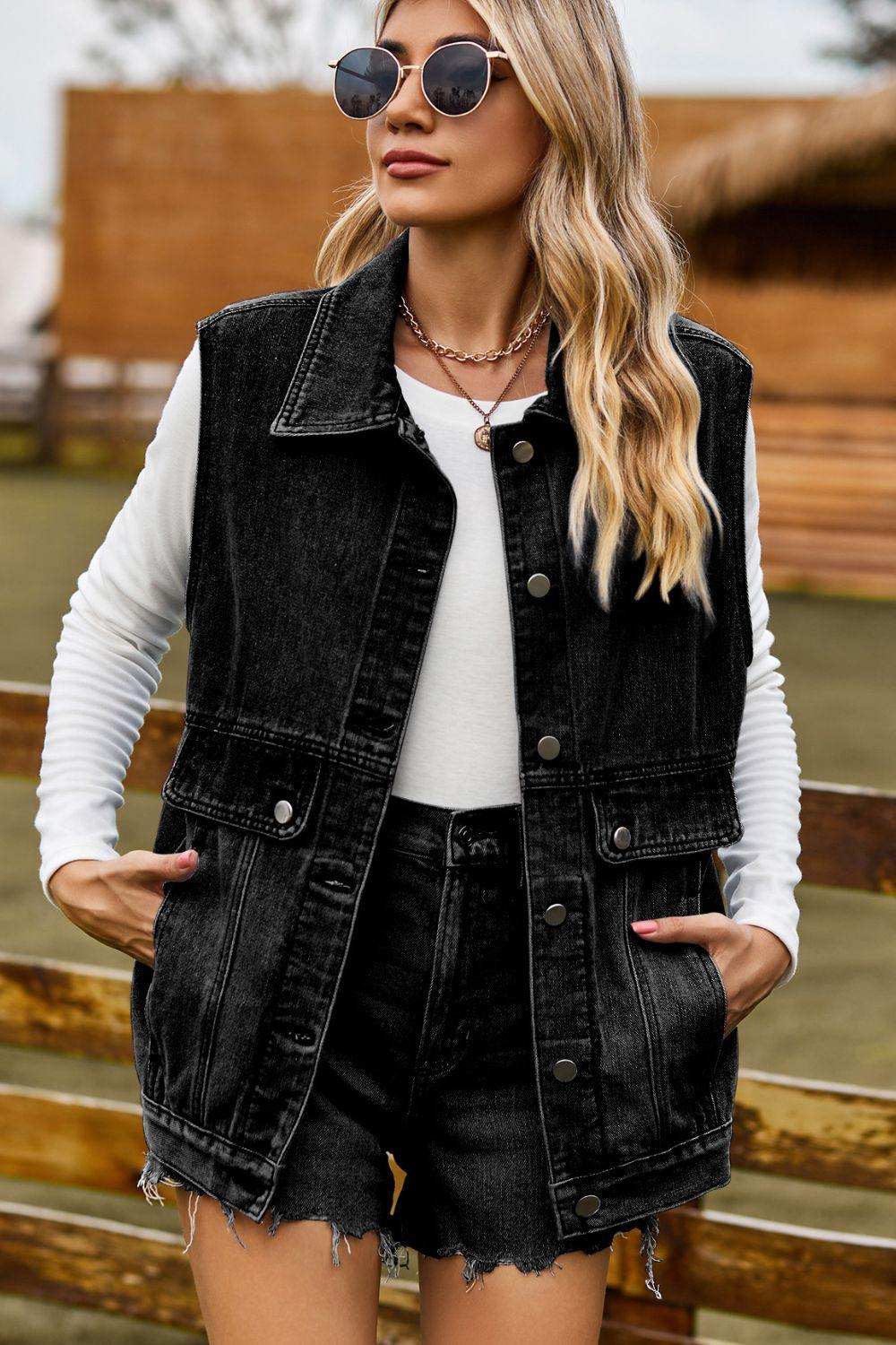 Sleeveless Collared Neck Denim Top with Pockets - Trendsi - Flyclothing LLC