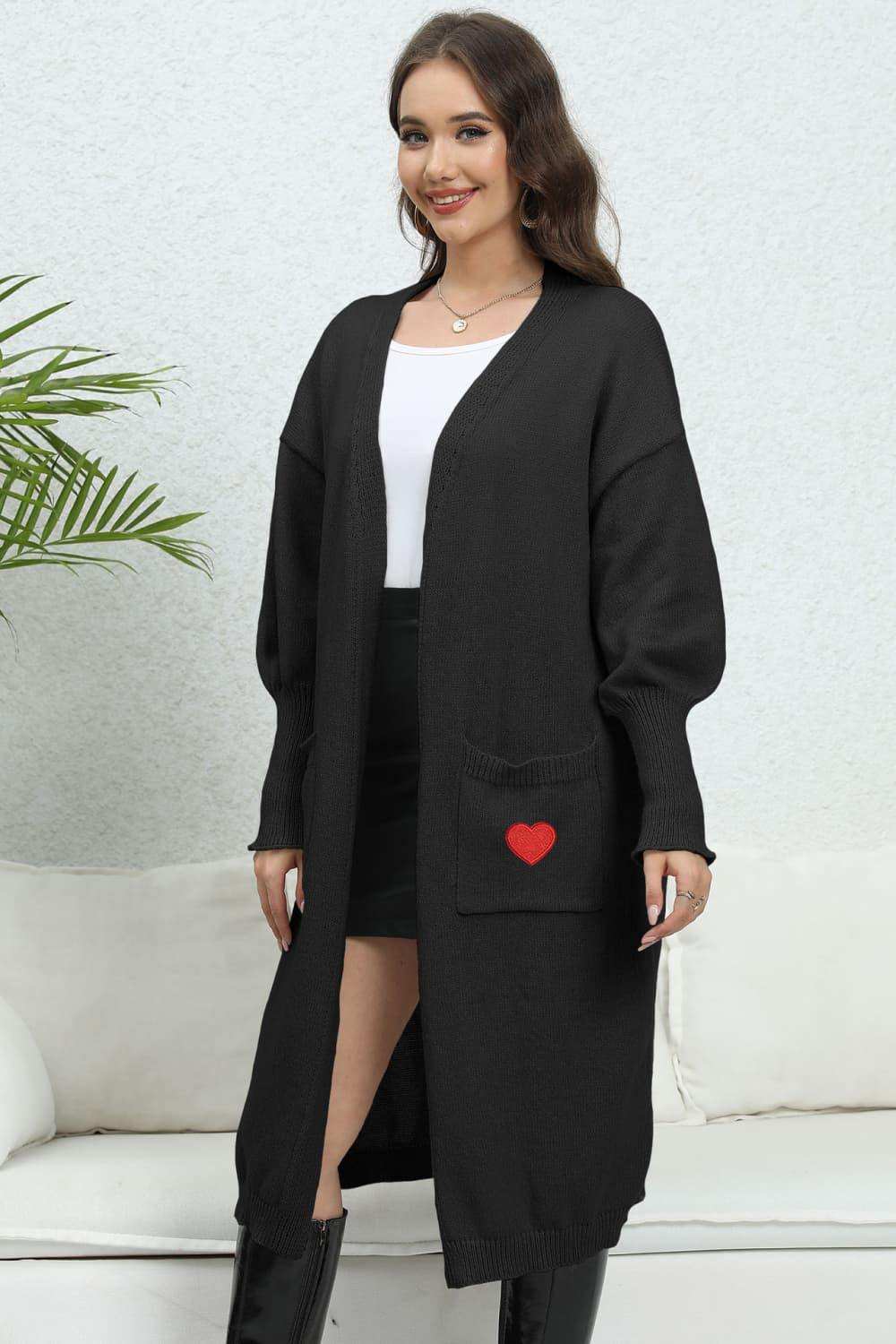 Lantern Sleeve Open Front Pocketed Cardigan - Trendsi - Flyclothing LLC