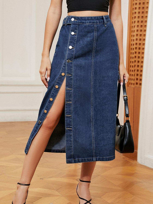 Button Down Denim Skirt - Trendsi - Flyclothing LLC