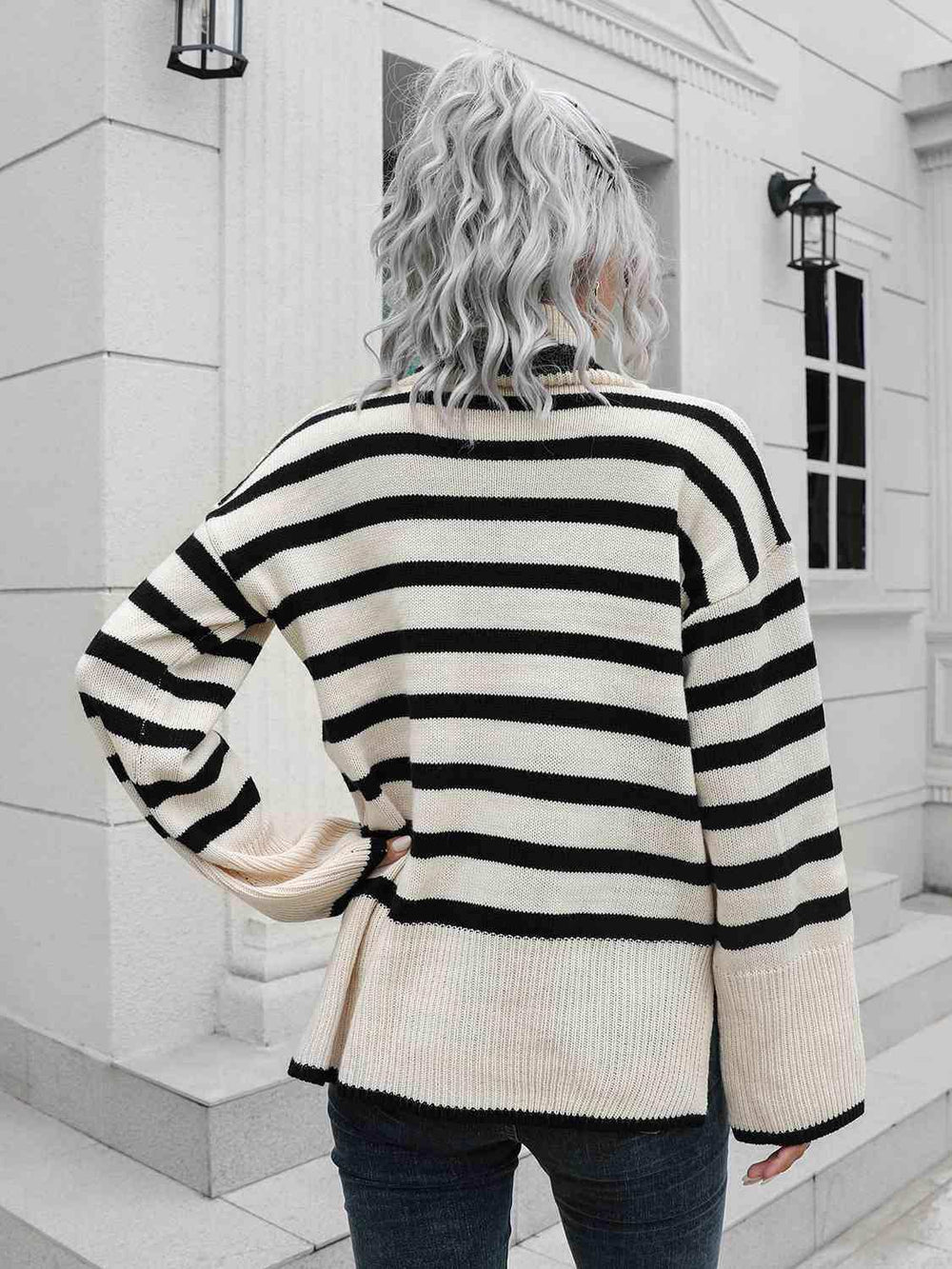 Striped Slit Turtleneck Drop Shoulder Sweater - Trendsi - Flyclothing LLC