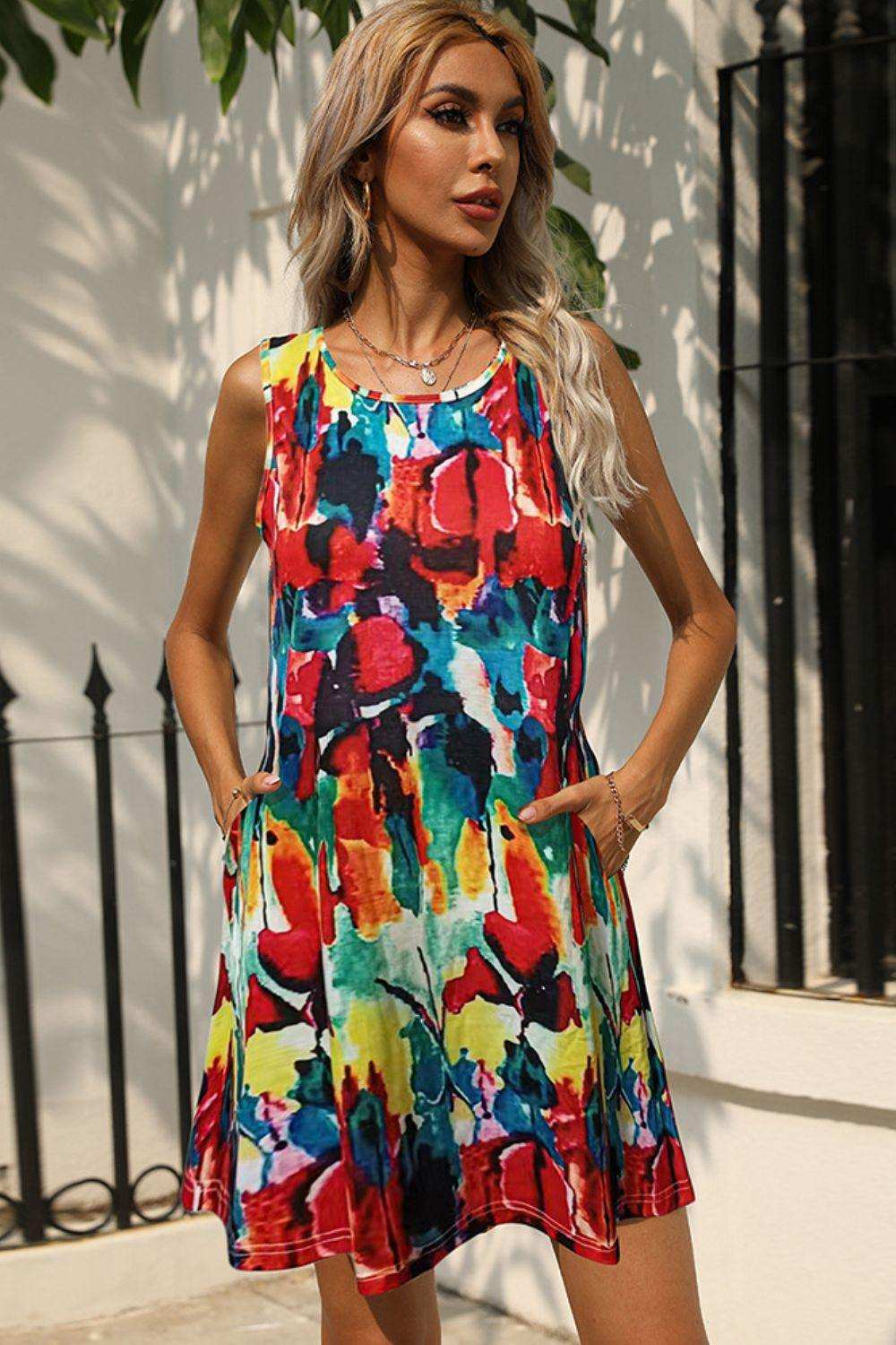 Printed Round Neck Sleeveless Dress with Pockets - Trendsi - Flyclothing LLC