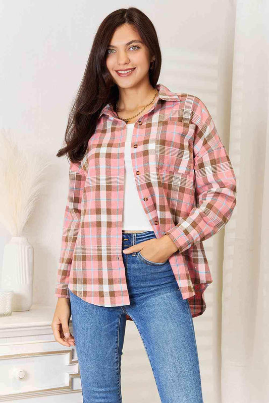 Double Take Plaid Collared Neck Long Sleeve Button-Up Shirt - Trendsi - Flyclothing LLC