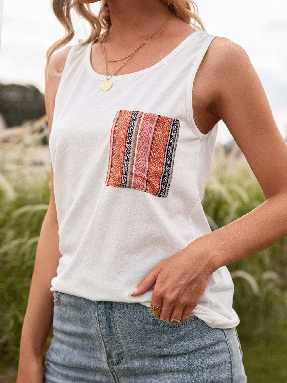 Pocketed Printed Round Neck Tank - Trendsi - Flyclothing LLC
