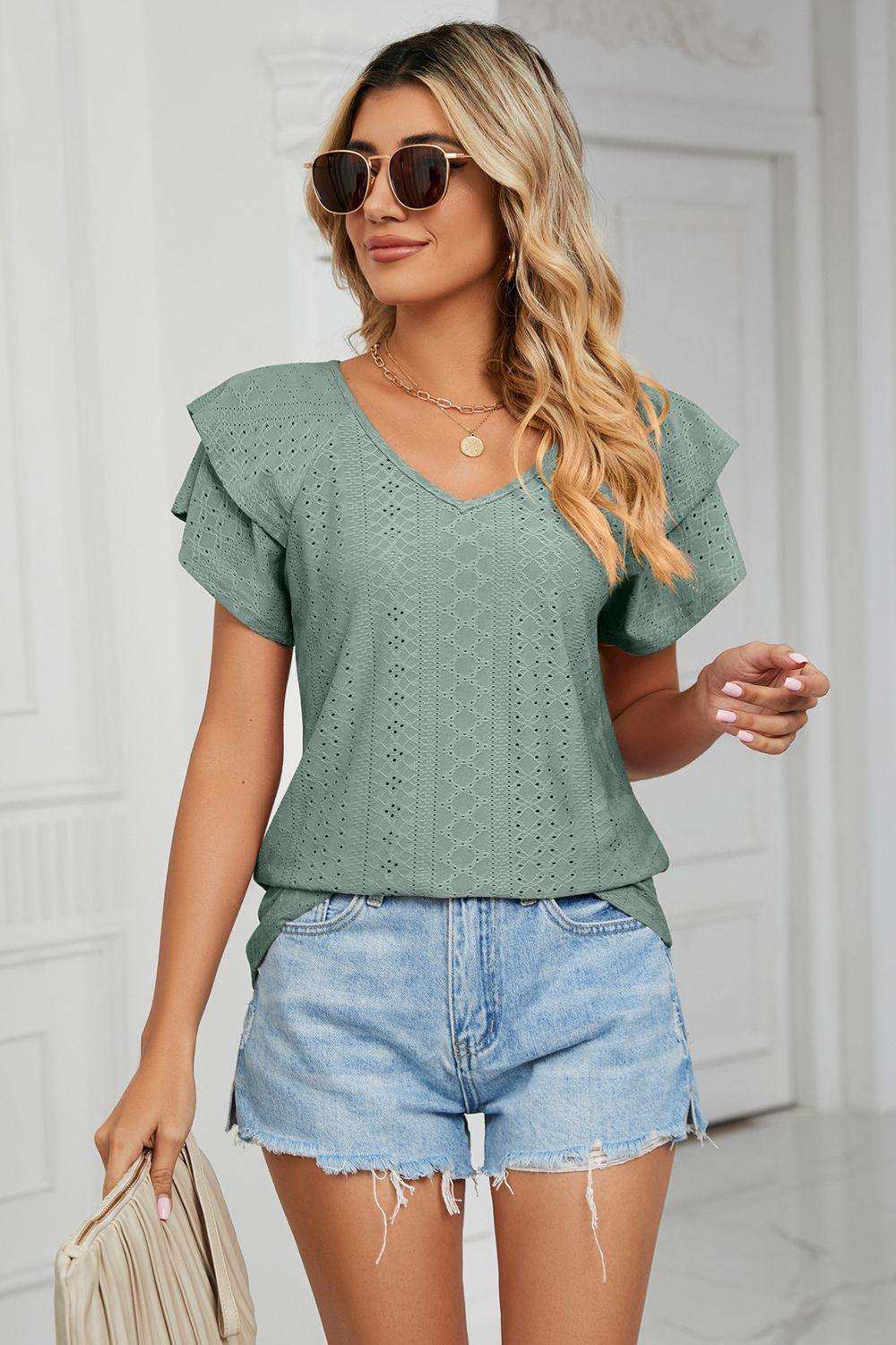 Eyelet Layered Flutter Sleeve V-Neck Knit Top - Trendsi - Flyclothing LLC