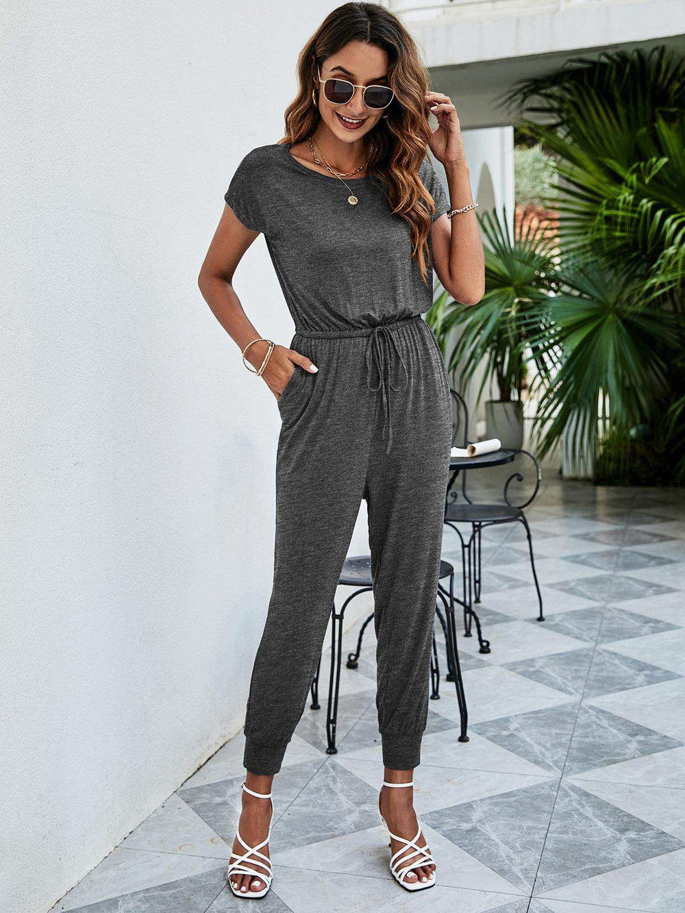 Drawstring Waist Short Sleeve Jogger Jumpsuit - Trendsi - Flyclothing LLC