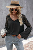 V-Neck Spliced Lace Flare Sleeve Top - Trendsi - Flyclothing LLC
