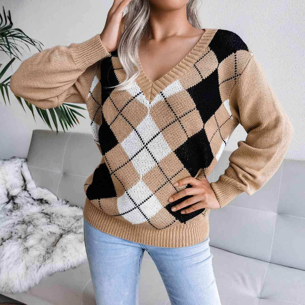 Geometric V-Neck Sweater - Trendsi - Flyclothing LLC