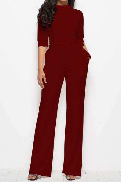 Mock Neck Tie-Waist Half Sleeve Jumpsuit - Trendsi - Flyclothing LLC