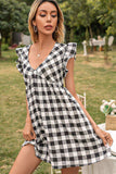 Plaid Butterfly Sleeve Deep V Dress - Trendsi - Flyclothing LLC