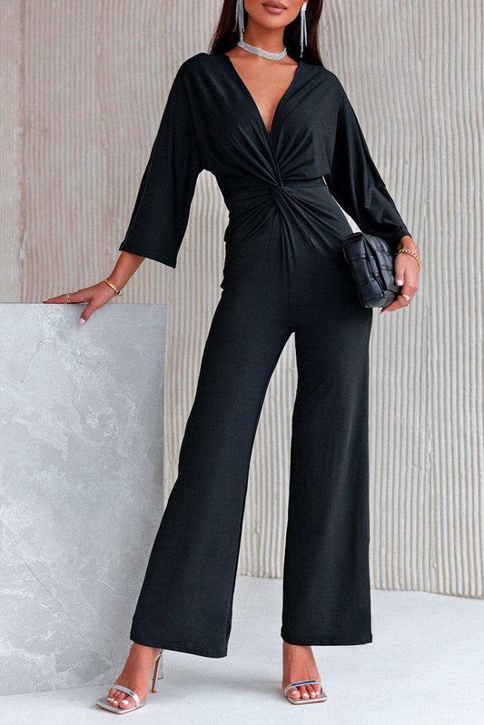 Twisted Plunge Three-Quarter Sleeve Jumpsuit - Trendsi - Flyclothing LLC