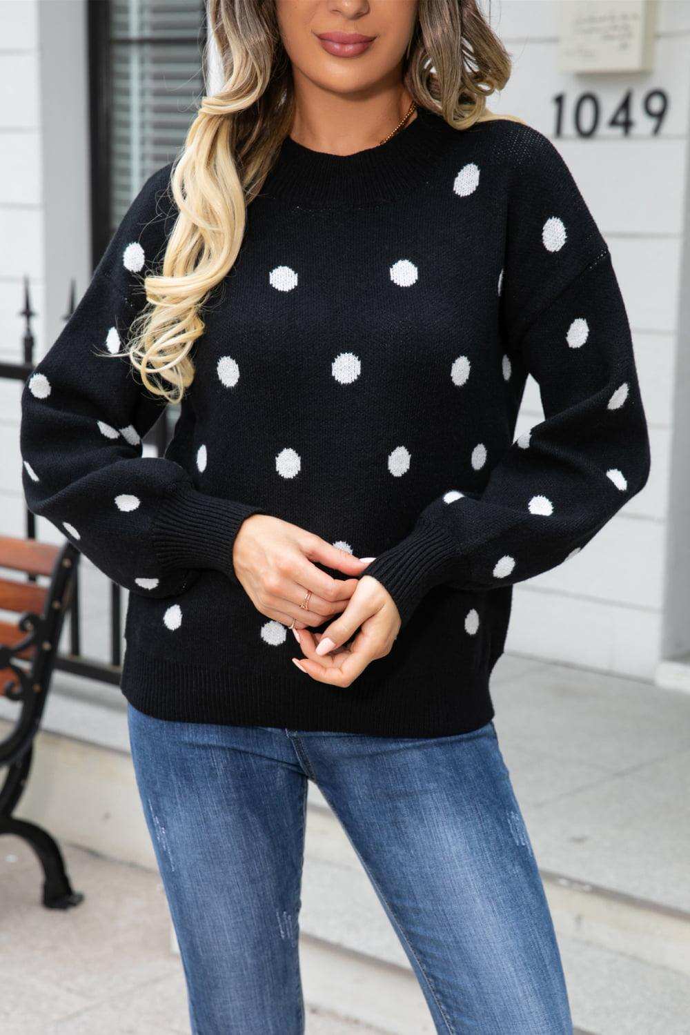 Polka Dot Round Neck Dropped Shoulder Sweater - Trendsi - Flyclothing LLC