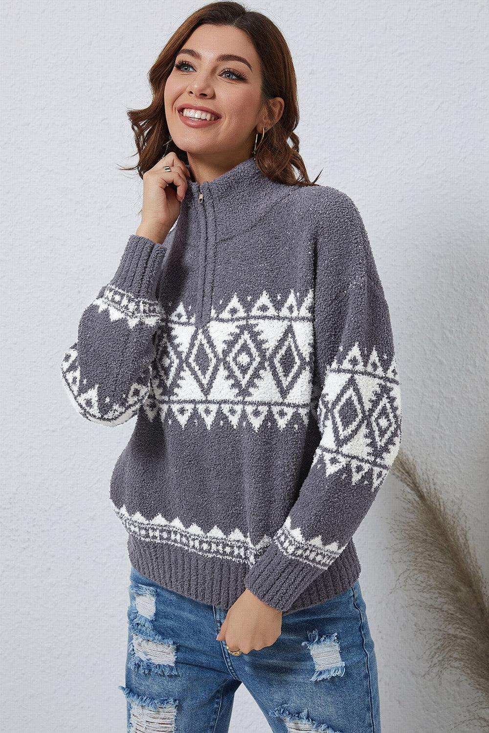 Zip-Up Geometrical Pattern Pullover Sweater - Trendsi - Flyclothing LLC