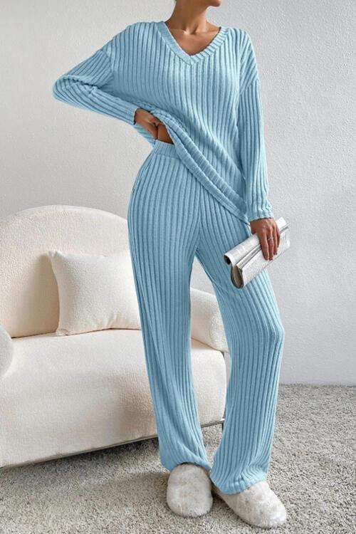 Ribbed V-Neck Top and Pants Set - Trendsi - Flyclothing LLC