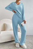 Ribbed V-Neck Top and Pants Set - Trendsi - Flyclothing LLC