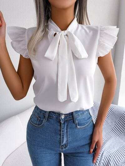 Tie Neck Cap Sleeve Blouse - Trendsi - Flyclothing LLC