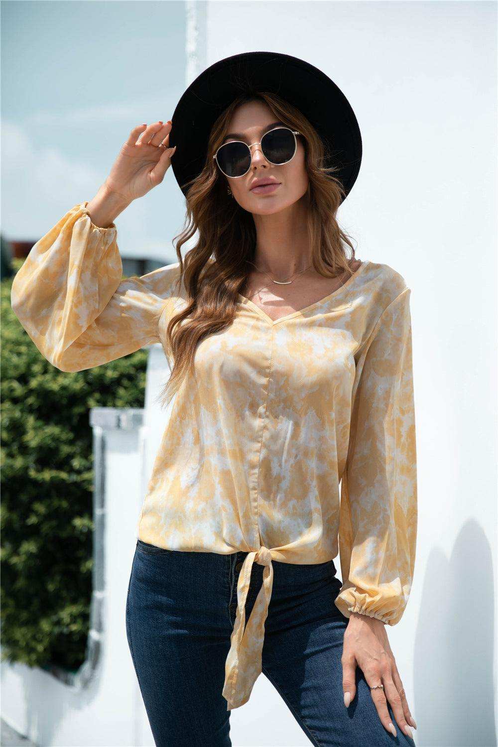 Tie-Dye Tied Balloon Sleeve Blouse - Trendsi - Flyclothing LLC