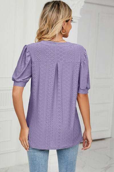 Eyelet Notched Short Sleeve T-Shirt - Trendsi - Flyclothing LLC