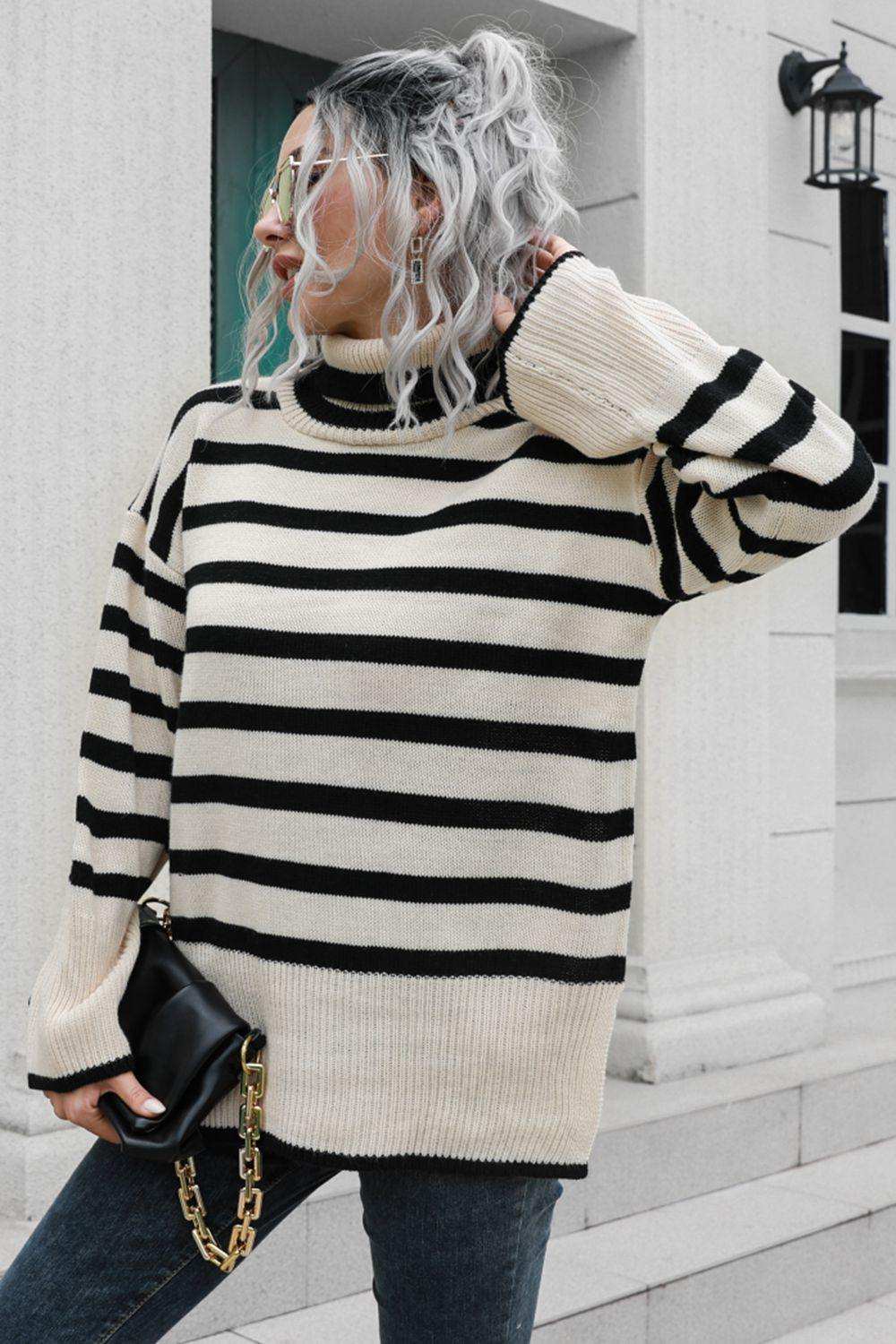 Striped Turtleneck Drop Shoulder Sweater - Trendsi - Flyclothing LLC
