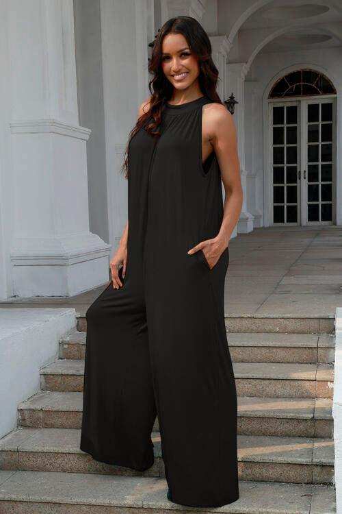 Double Take Full Size Tie Back Cutout Sleeveless Jumpsuit - Trendsi - Flyclothing LLC