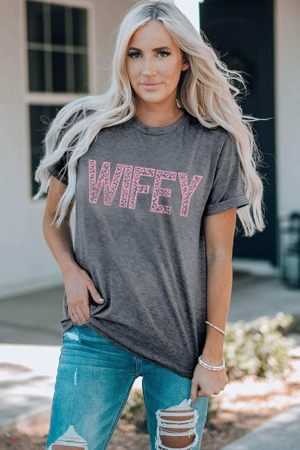 WIFEY Leopard Graphic Short Sleeve Tee - Trendsi - Flyclothing LLC