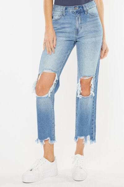 Kancan High Waist Chewed Up Straight Mom Jeans - Trendsi - Flyclothing LLC