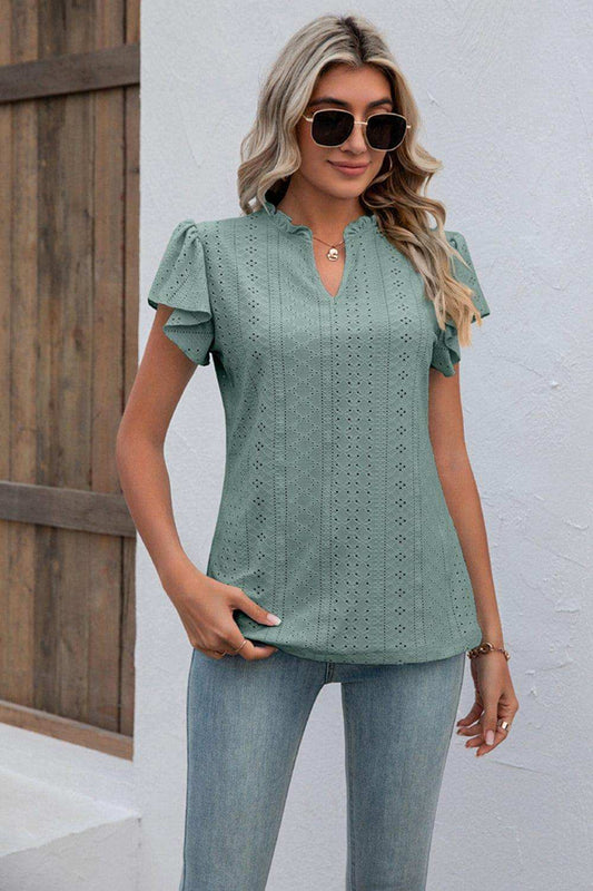Eyelet Notched Neck Flutter Sleeve Top - Trendsi - Flyclothing LLC