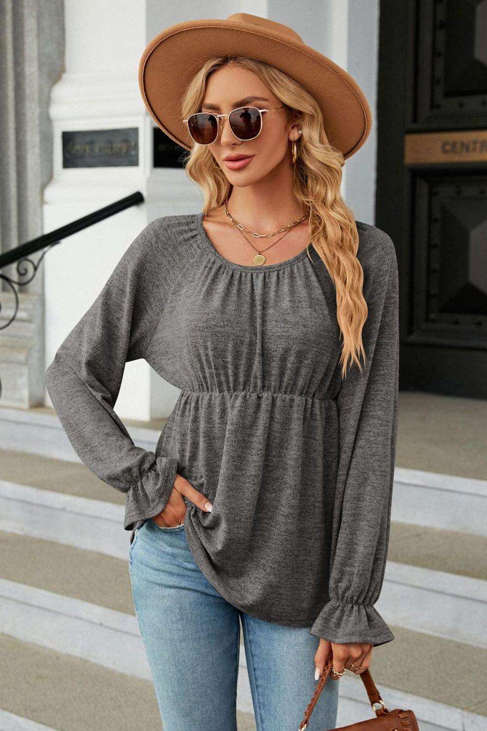 Round Neck Flounce Sleeve Blouse - Trendsi - Flyclothing LLC