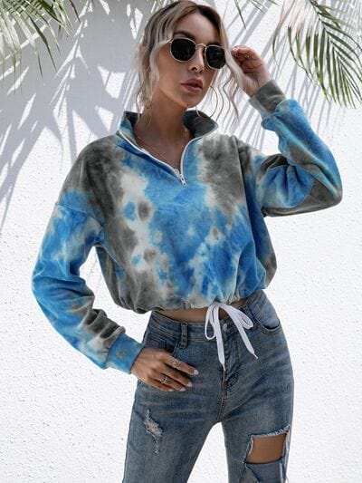 Tie-Dye Quarter Zip Dropped Shoulder Sweatshirt - Trendsi - Flyclothing LLC