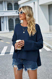 High-Low Slit Round Neck Long Sleeve Sweater - Trendsi - Flyclothing LLC