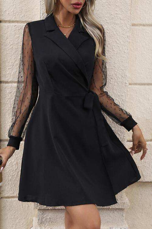 Lapel Collar Tied Mesh Long Sleeve Dress - Trendsi - Flyclothing LLC