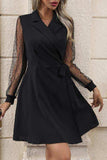Lapel Collar Tied Mesh Long Sleeve Dress - Trendsi - Flyclothing LLC